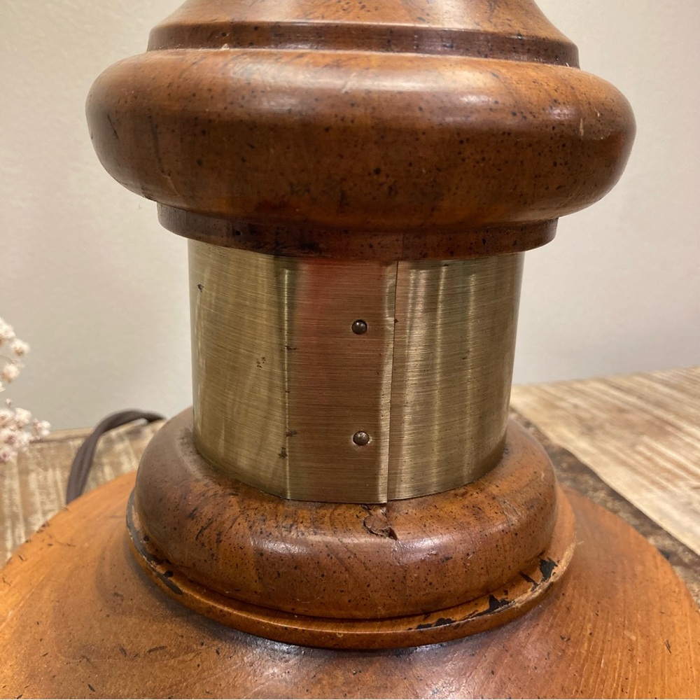 Vintage Brass Tone & Wood Table Lamp with White Hobnail Glass Shade - Picture 3 of 16